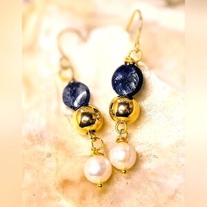 Trendy Kyanite & Freshwater Pearl In Gold Plated Earrings